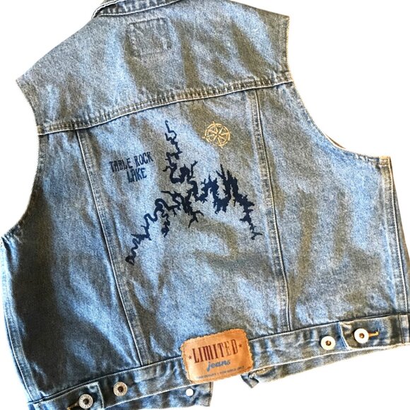 Upcycled Denim Vest, Junior Size 14: Painted Table Rock Lake Sleeveless Jacket - Picture 9 of 14